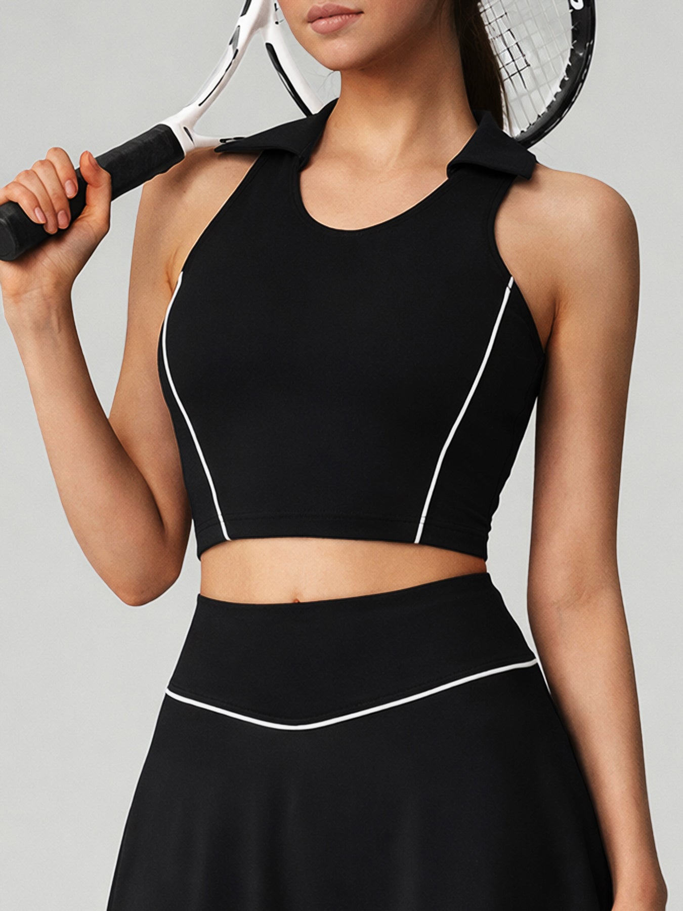 women_s-knitted-nylon-yoga-tank-tops-black-sustainable-yoga_tops-xbf5dv Black Collar I-back Tank Top - Light Support - Image 1
