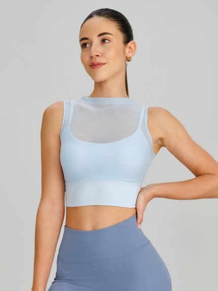 Light Blue Mesh Panel Mock Neck Tank Top