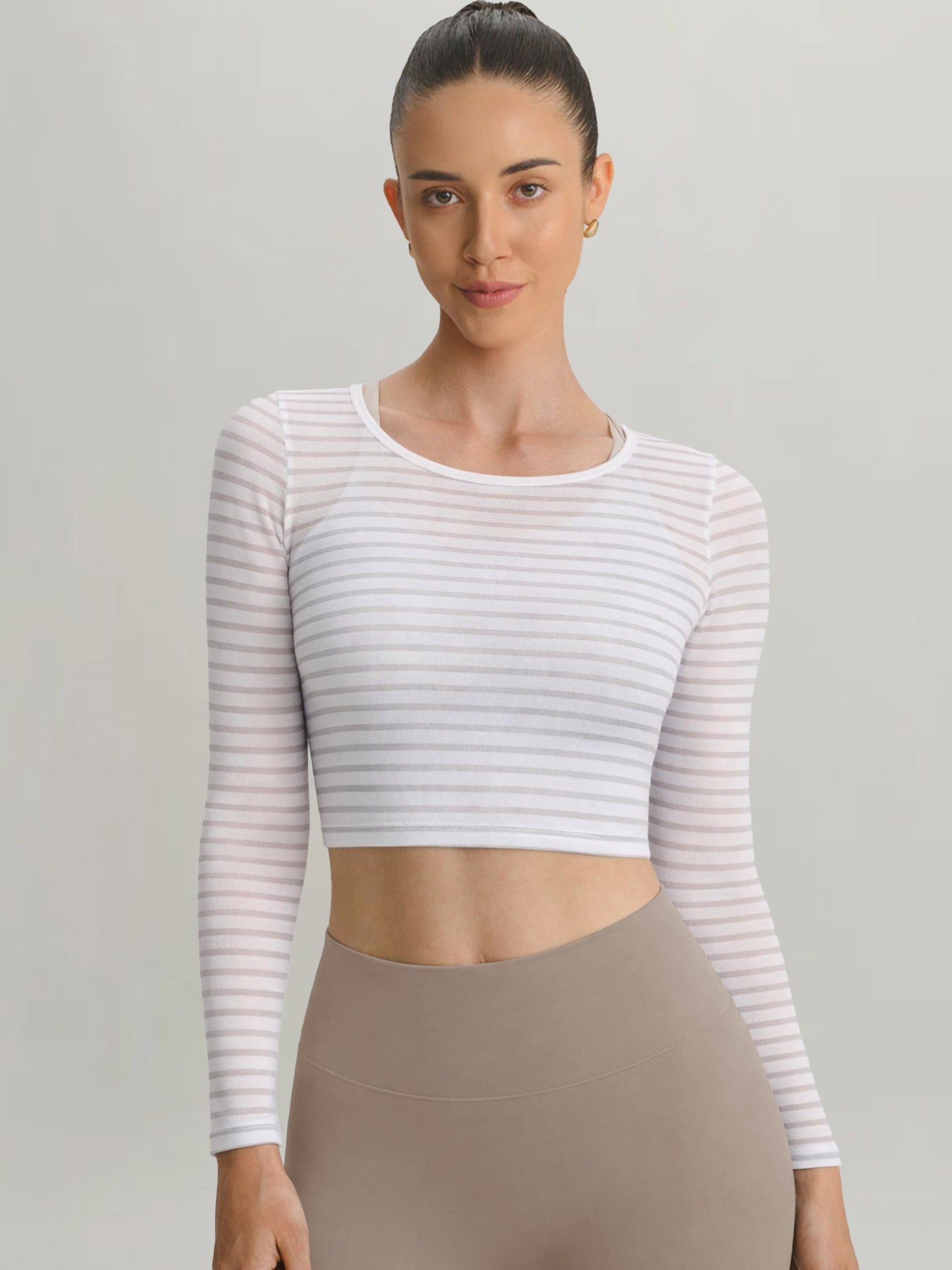 women_s-knitted-polyester-long-sleeved-top-sustainable-yoga_tops-vdb1qi Apricot Stripe Long Sleeved Top - Light Support - Image 1