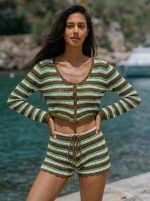 Green Striped V-Neck Crochet Cover-Up - Image 2