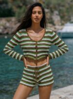 Green Striped V-Neck Crochet Cover-Up - Image 2