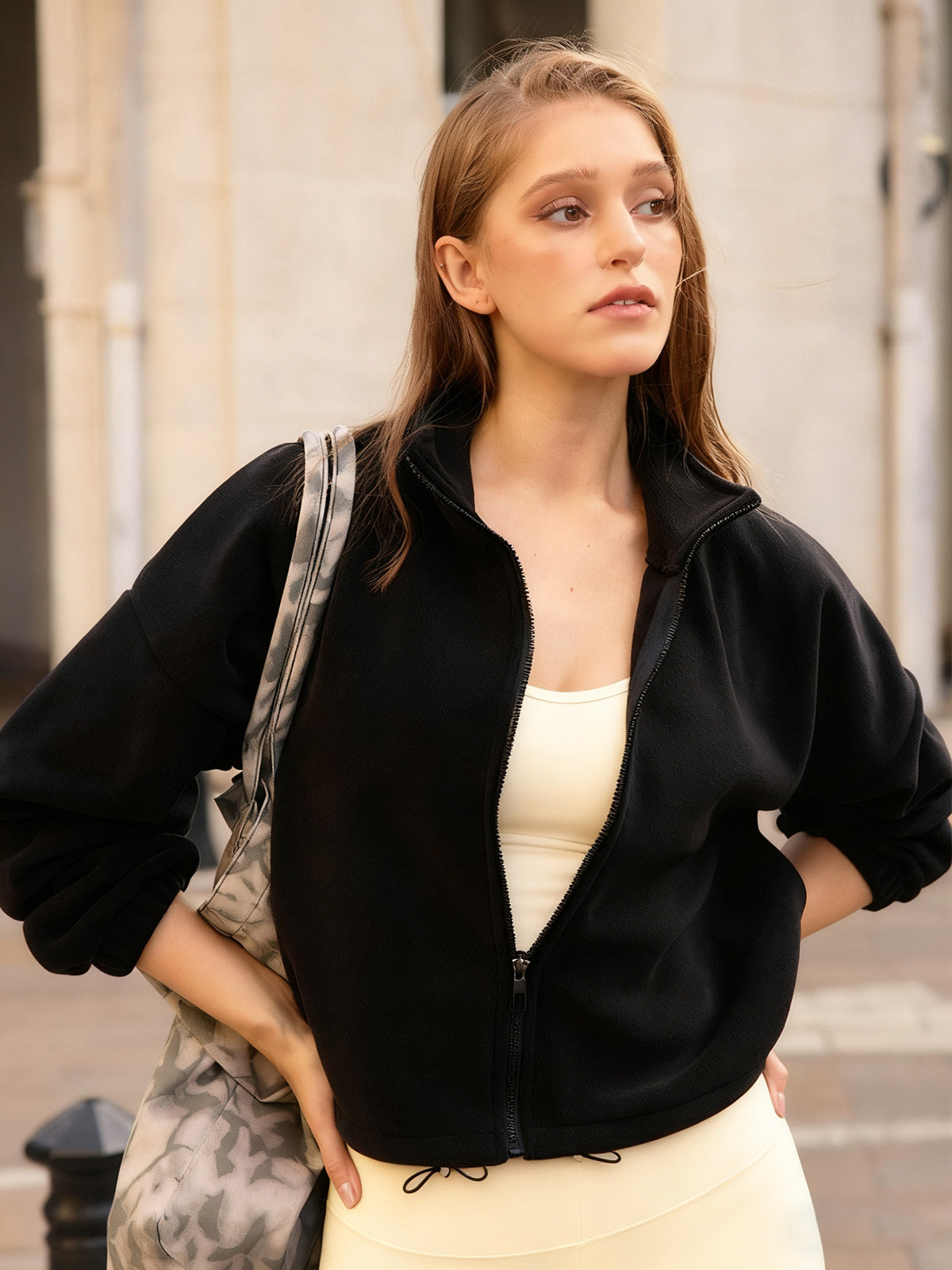 women_s-knitted-polyester-yoga-jacket-sustainable-yoga_tops-r8r23e Black Cropped Fleece Zip-Up Sports Jacket - Image 1