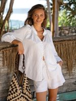 White Cotton-Linen Decorative Button Blouse - Image 5