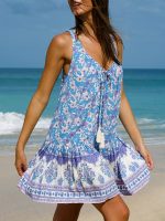 Purple Print Ruched Beach Dress - Image 4