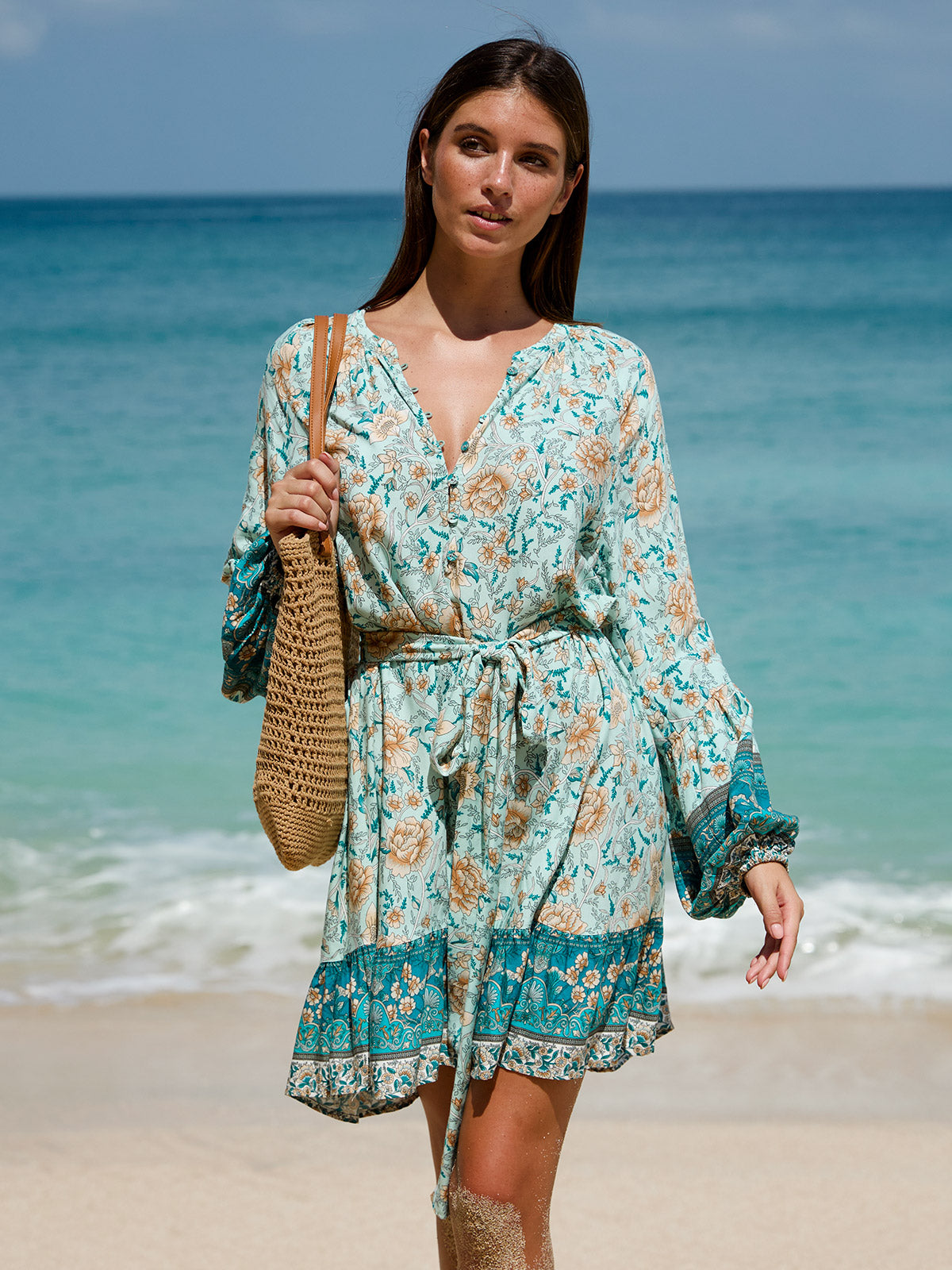 women_s-woven-cotton-printed-cover-ups-sustainable-beach_dress-jlkkky Floral Print Raglan Sleeve Beach Dress - Image 1