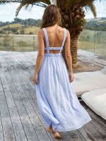 Pale Blue Smocked Strap Cutout Waist Beach Dress - Image 4