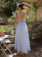 Pale Blue Smocked Strap Cutout Waist Beach Dress - Image 6