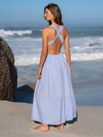 Light Blue V Neck Plaeted Beach Dress - Image 2