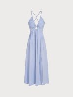 Blue Crisscross Halter Cutout Beach Dress - Image 4