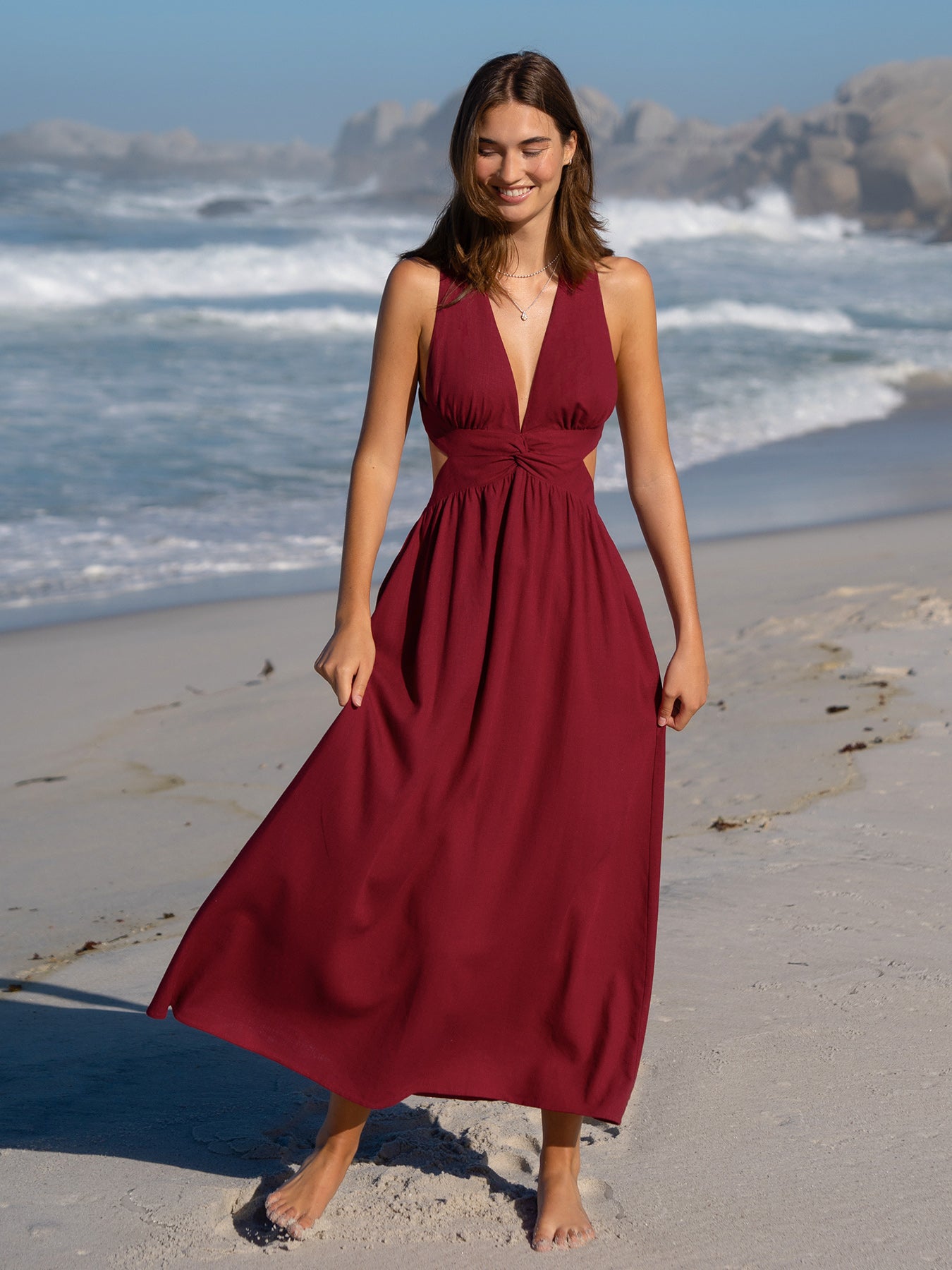 womens-woven-linen-blended-cover-ups-sustainable-beach_dress-knnky7 Wine Red V Neck Plaeted Beach Dress - Image 1
