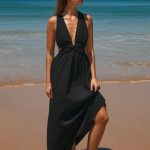 Black V Neck Plaeted Beach Dress