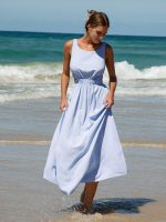Pale Blue Smocked Strap Cutout Waist Beach Dress - Image 3